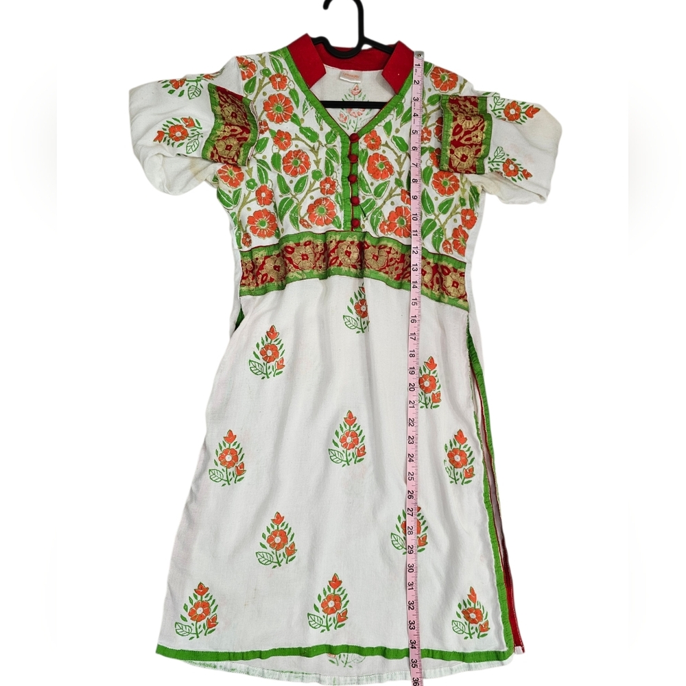 Ghungru Hand Block Print Kurta Dress Womens Small Boho Floral Cotton Vintage 90s - Picture 8 of 9